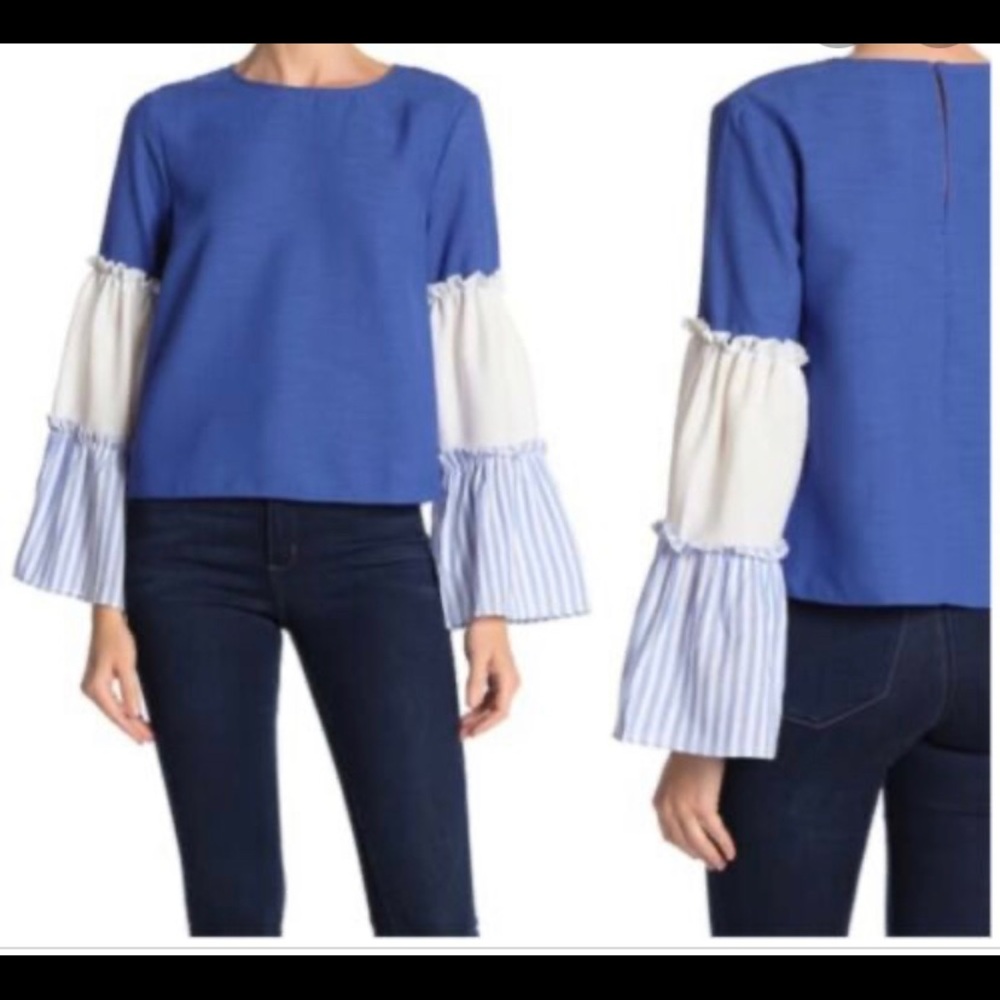 English Factory Pleated Ruffle Bell Sleeve Blouse